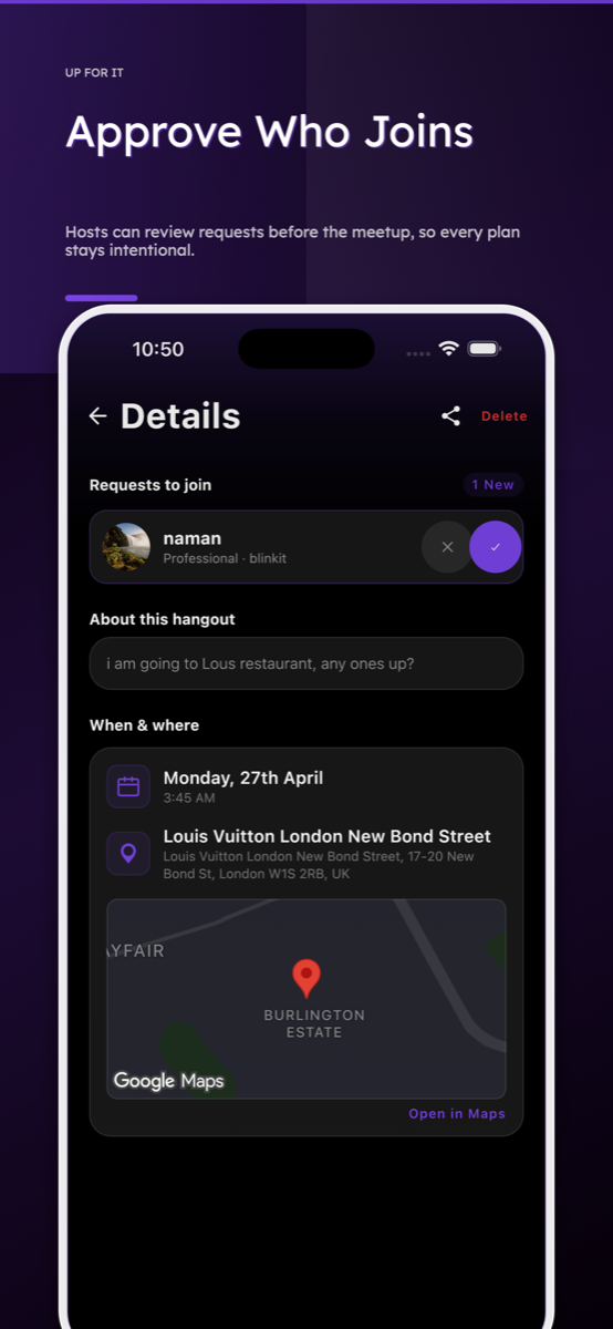 Join request approval screen in Up For It